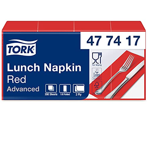 Tork 477417 Lunchservietten Rot 1/8 Falz / 2-lagige, vorgefaltete Papierservietten für Snacks oder kleine Gerichte / Advanced Qualität / 10 x 200 (2000) Servietten / 32,6 x 33 cm (B x L)