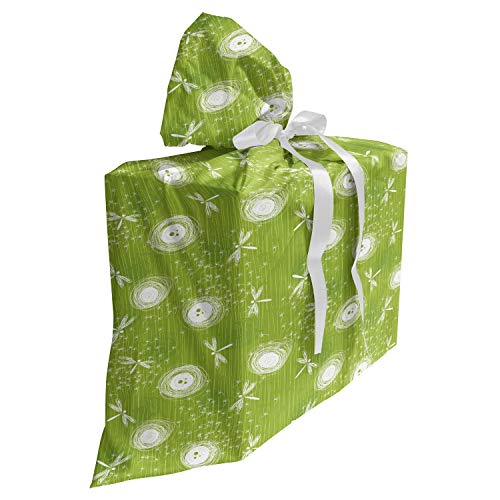 ABAKUHAUS Libelle Baby Shower Geschänksverpackung aus Stoff, Dandelion Sketchy, 3x Bändern Wiederbenutzbar, 70 x 80 cm, Lime Green Creme