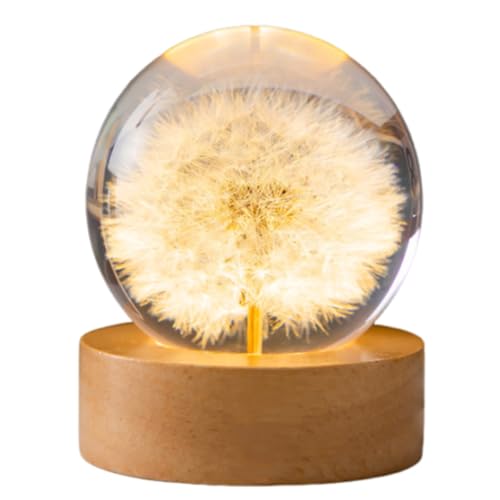 USMEI 3D Blumen Kristallkugel Lampe, Pusteblume im Glas, 6cm Glaskugel mit Licht, Glaskugel-Nachtlampe mit Holzsocke, Geschenke für Frauen, Kinder, Mädchen, Valentinstagsgeschenk