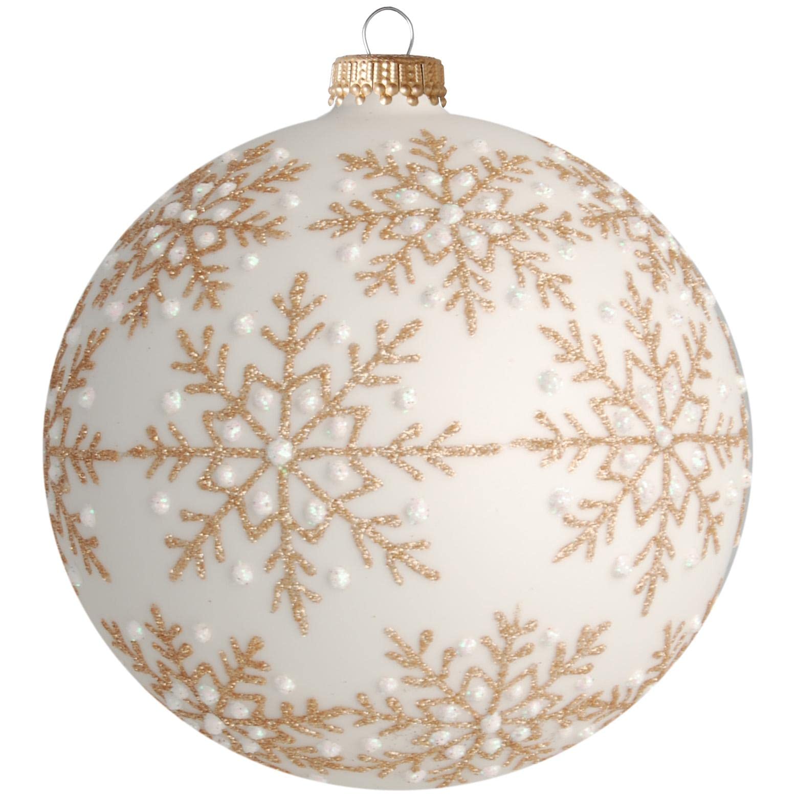 Krebs Glas Lauscha - Weihnachtsdekoration/Christbaumschmuck aus Glas - Weihnachtskugeln - Motiv: Weiß matt mit goldenen Schneekristallen - Größe: 4 mal 10cm