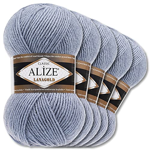 Alize 5 x 100 g Lanagold Wolle | 53 Auswahl | Stricken Häkeln Wolle (221 | Hellblau Melange)