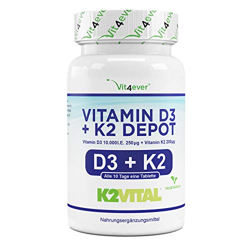 Vitamin D3 10.000 I.E + Vitamin K2 200 mcg Menaquinon MK7 Depot - 180 Tabletten - 99,7+% All-Trans (K2VITAL® von Kappa) - Laborgeprüft - Vegetarisch - Hochdosiert - Premium Qualität