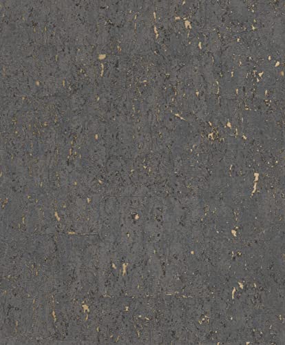 Rasch Tapete 538359 - Anthrazit-goldene Vliestapete mit Kork-Optik im industriellen Design aus der Kollektion Curiosity - 10,05m x 0,53m (LxB)