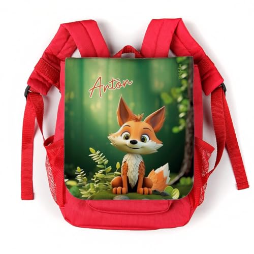 Striefchen® Roter Kinderrucksack mit entzückendem Comic Fuchs und Wunschname bedruckt