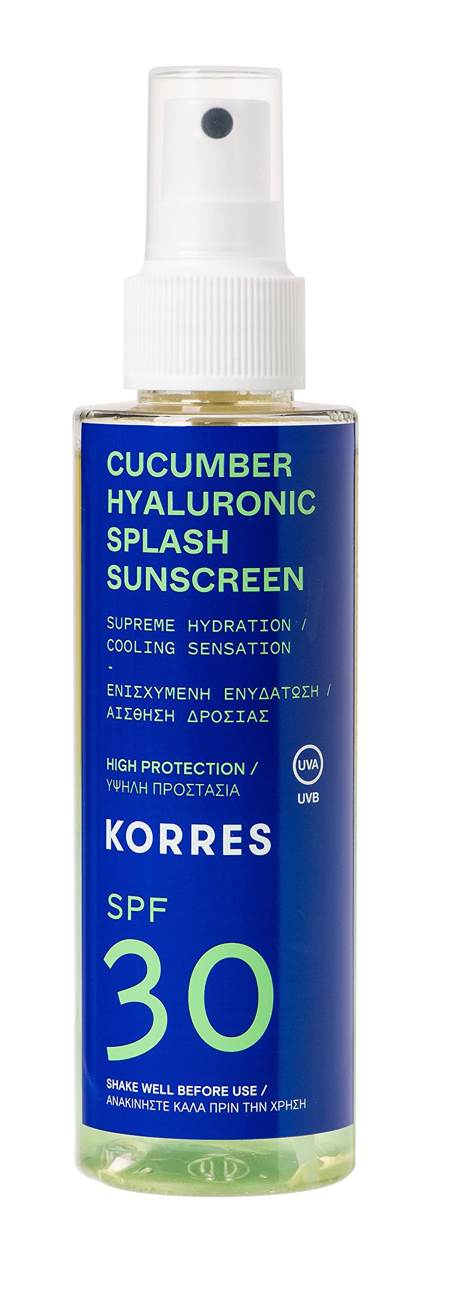 KORRES Cucumber Hyaluronic Splash Sonnenschutz Spray für Gesicht & Körper SPF30, mit kühlender Wirkung, schnell einziehend & vegan, 150 ml