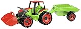 LENA 02136 GIGA TRUCKS Traktor mit Frontlader & Anhänger, Traktorspielzeug 5-teilig, Traktor mit Schaufel, Schiebdach in der Fahrerkabine