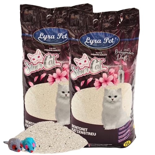 Lyra Pet® 30 L SilverCat® Katzenstreu mit Babypuderduft staubarm stark + 2 Mäuse