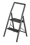 WENKO Aluminium Leiter Compact, leichte Klapp-Trittleiter mit einklinkendem Sicherheitsbügel & Haltegriff, 2 rutschsichere Stufen für 44 cm höheren Stand, 3,05 kg, 45,5 x 91,5 x 6 cm, Dunkelgrau
