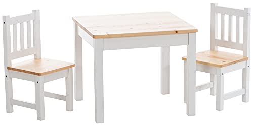 CLP Kinder Sitzgruppe Mides Aus Kiefernholz I Sitzgruppe Kinder I 3er Set Bestehend Aus Tisch Und 2 Stühlen, Farbe:Natura/weiß