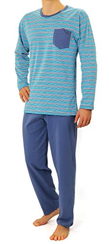 sesto senso Herren Schlafanzug Lang Pyjama 100% Baumwolle Langarm Shirt mit Tasche Pyjamahose Zweiteilig Set Nachtwäsche Himmelblau Gestreift Blau M 02 K67ZC