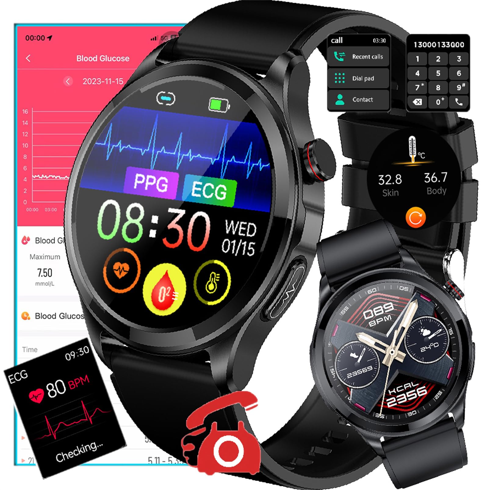 Fohatu 𝐁𝐥𝐮𝐭𝐳𝐮𝐜𝐤𝐞𝐫𝐆𝐥𝐮𝐜𝐨𝐬𝐞 Smartwatch 𝐄𝐂𝐆,Smartwatch Bluetoothm-Anrufe, Fitness-Tracker Mit Blutdruck, Pulsschlag Blutsauerstoff Monitor, Schritt Schalter, Sportuhr,A