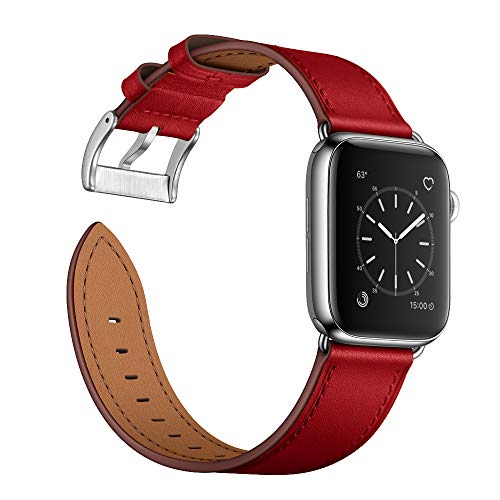 Arktis Lederarmband kompatibel mit Apple Watch (Apple Watch Ultra 1/2 49 mm) (Series 7 8 9 45 mm) (Series SE 6 5 4 44 mm) (Series 3 2 1 42 mm) Wechselarmband [Echtleder] - Rot