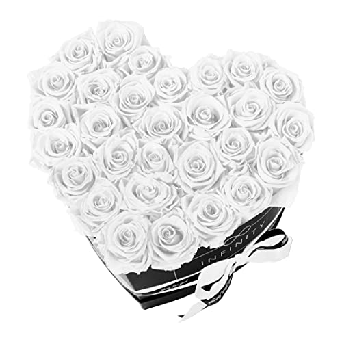 Infinity Flowerbox XXL Herz - 29 echte Premiumrosen in Weiß - 3 Jahre haltbar ohne gießen | In Geschenkverpackung mit Satinschleife