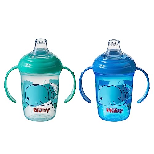 Nuby Grip N Sip Wasserflasche – kein Verschütten von Schnabeltasse, 240 ml, Doppelgriff, spülmaschinen- und mikrowellengeeignet, geeignet für 4 Monate (Wale, 2 Stück), 048526890415