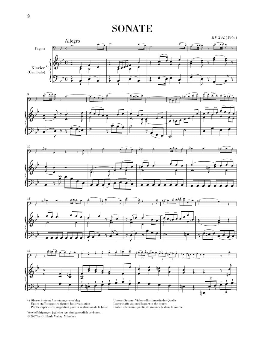 Sonate in B-dur KV 292 (196c): Besetzung: Fagott und Violoncello (G. Henle Urtext-Ausgabe)