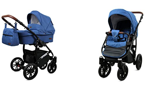 BabyLux Optimal 2-in-1 Baby Kinderwagen Tief und Kinderwagen mit Zubehör Verstellbar und faltbar Aluminium Konstruktion Wasserdicht Nicht abnehmbare Räder Blue Flex Black Frame