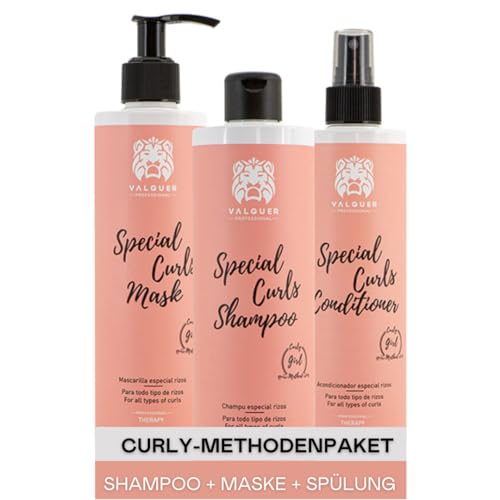 Valquer Profesional Curly Method Pack Shampoo 400 ml + Maske 290 ml + Conditioner 300 ml - Lockiges Haar, sulfatfrei, salzfrei. Bis zu 96% natürlichen Ursprungs