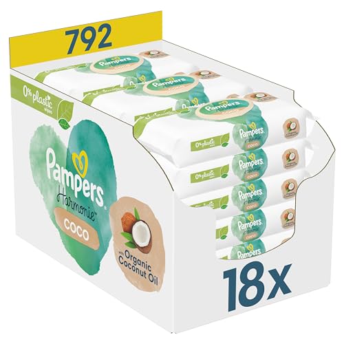 Pampers Harmonie Coco Feuchttücher, 18 Packungen mit 44 Stück , 792 Feuchttücher, mit Kokosnussöl, feuchtigkeitsspendend und schützend