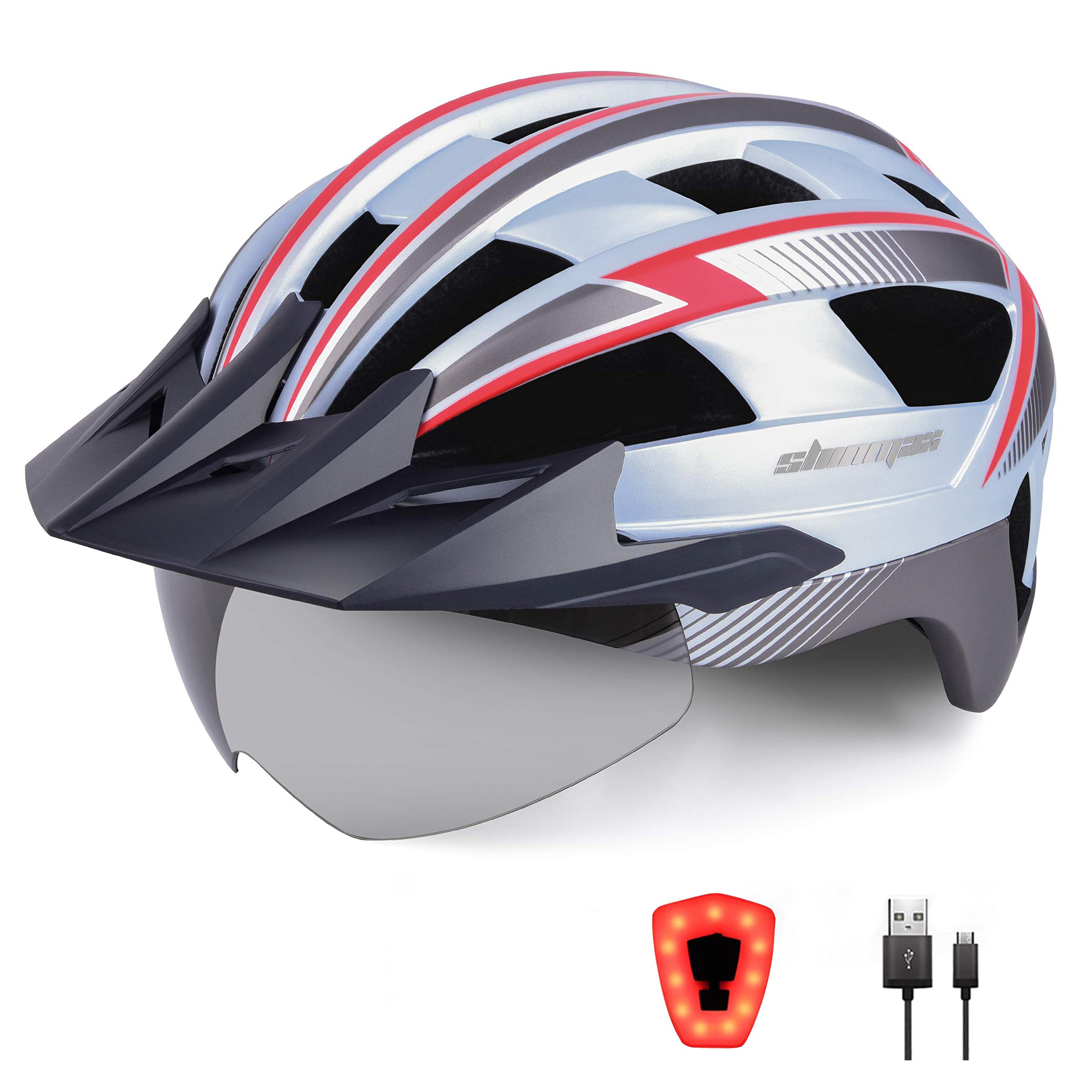 Shinmax Fahrradhelm für Herren Damen MTB Fahrradhelm mit LED USB Rücklicht Radhelm mit Visier Magnetischem Abnehmbarem Schutzbrille Mountainbike Helm Fahrradhelme Einstellbarer 57-62 cm