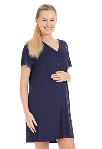 Herzmutter Stillnachthemd-Umstandsnachthemd - Knopfleiste - Wochenbett-Geburtskleid - Schwangerschafts-Nachthemd mit Stillfunktion - Kurzarm mit Spitze - 2850 (XXL, Dunkelblau)