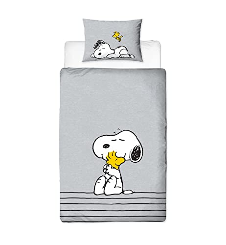 Character World Peanuts Snoopy Einzelbettbezug, offizielles Lizenzprodukt, wendbar, zweiseitiges Schlummerdesign mit passendem Kissenbezug, Polycotton, Grau