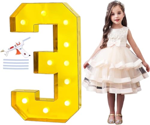 PILIN 100 CM Gold Large Led Light Up Number 3 Letters for Birthday Decor, mit Hei?klebepistole und Halterung, Marquee light up Numbers Party Wedding Graduation Baby Shower Decoration