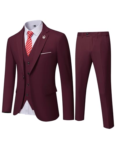EastSide Herren Slim Fit 3-teiliger Anzug, Ein-Knopf-Blazer-Set, Jacke, Weste & Hose, Burgunder, XX-Large