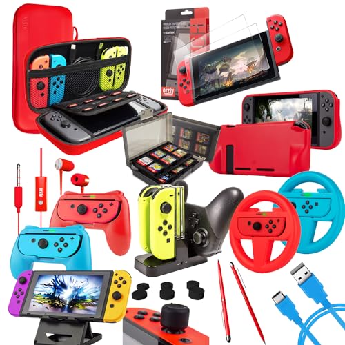 Switch Accessories Bundle - Orzly Geek Pack for Nintendo Switch: Case & Screen Protector, Joycon Grips & Racing Wheels, Switch Controller Charge Dock, Comfort Grip Case & More - ColourPop