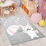 Kinderteppich Bubble Kids Flachflor mit niedlichen Hasen und Herzen in Grau, Rosa für Kinderzimmer Größe 80/150 cm