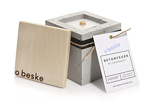 Betonfeuer® der Beske-Manufaktur (10x10x10), Kerze mit Dauerdocht für den Aussenbereich, Gartenfackeln zum nachfüllen mit Kerzenwachs, Unendliche Brenndauer durch Upcycling von Wachsresten