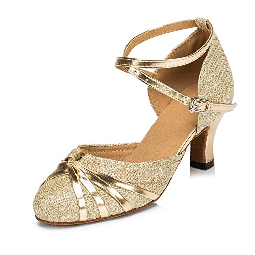 URVIP Neuheiten Frauen's Pailletten Heels Absatzschuhe Moderne Latein-Schuhe mit Knöchelriemen Tanzschuhe LD072 Gold 33.5 EU