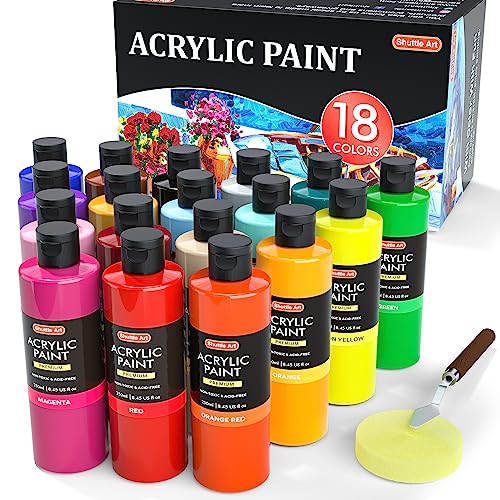 Acrylfarben Set, Shuttle Art 18 Acrylfarben in Flaschen (je 240ml, 8,12oz), hochpigmentierte Acrylfarben, Premiume Acrylfarben für Künstler, Anfänger und Erwachsene auf Steine, Leinwand, Holz geeignet