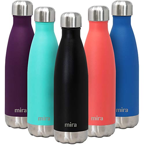 MIRA vakuumisolierte Wasserflasche aus Edelstahl | Schlanke auslaufsichere doppelwandige Flasche | Hält Getränke 24 Stunden lang kalt & 12 Stunden warm | 500 ml Schwarz