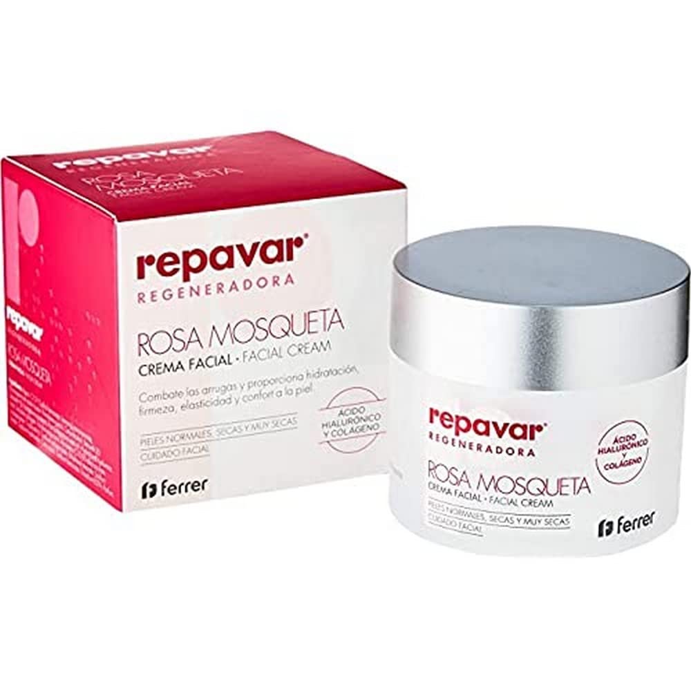 Repavar - Feuchtigkeitsspendende Gesichtscreme - Hagebutte, Hyaluronsäure und Kollagen - Mit Vitamin E und Sheabutter - Regeneriert die Haut und Verzögert die Zeichen der Hautalterung - 50 ml