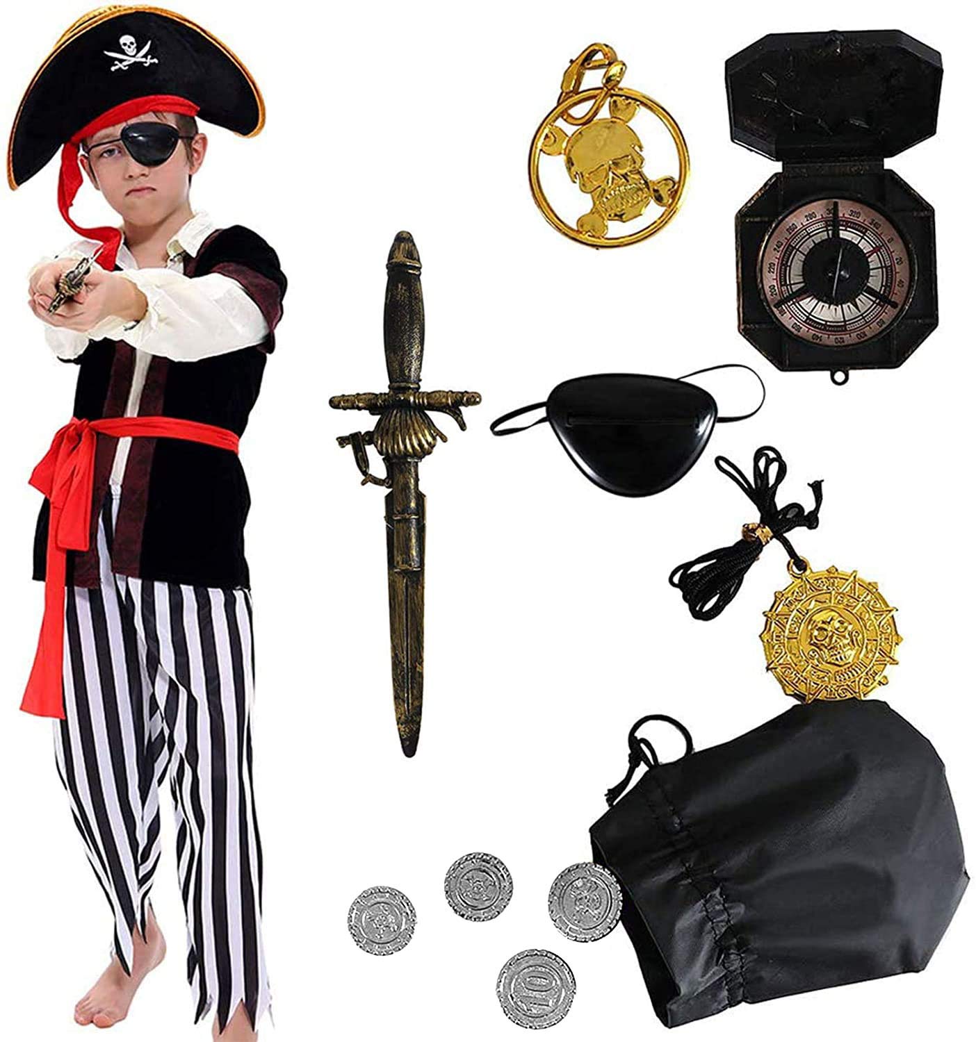 Tacobear Piratenkostüm Kinder Jungen mit Piraten Zubehöre Piraten Augenklappe Kompass Geldbeutel Ohrring Kinder Piraten Fancy Dress Kostüm Jungen