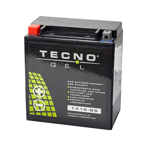 TECNO-GEL Motorrad-Batterie YTX16-BS für KAWASAKI VN 1500/1600 Classic, Tourer, Drifter, Mean Streak 1996-2008, 12V Gel-Batterie 14Ah (DIN 51490), 150x87x161 mm inkl. Pfand