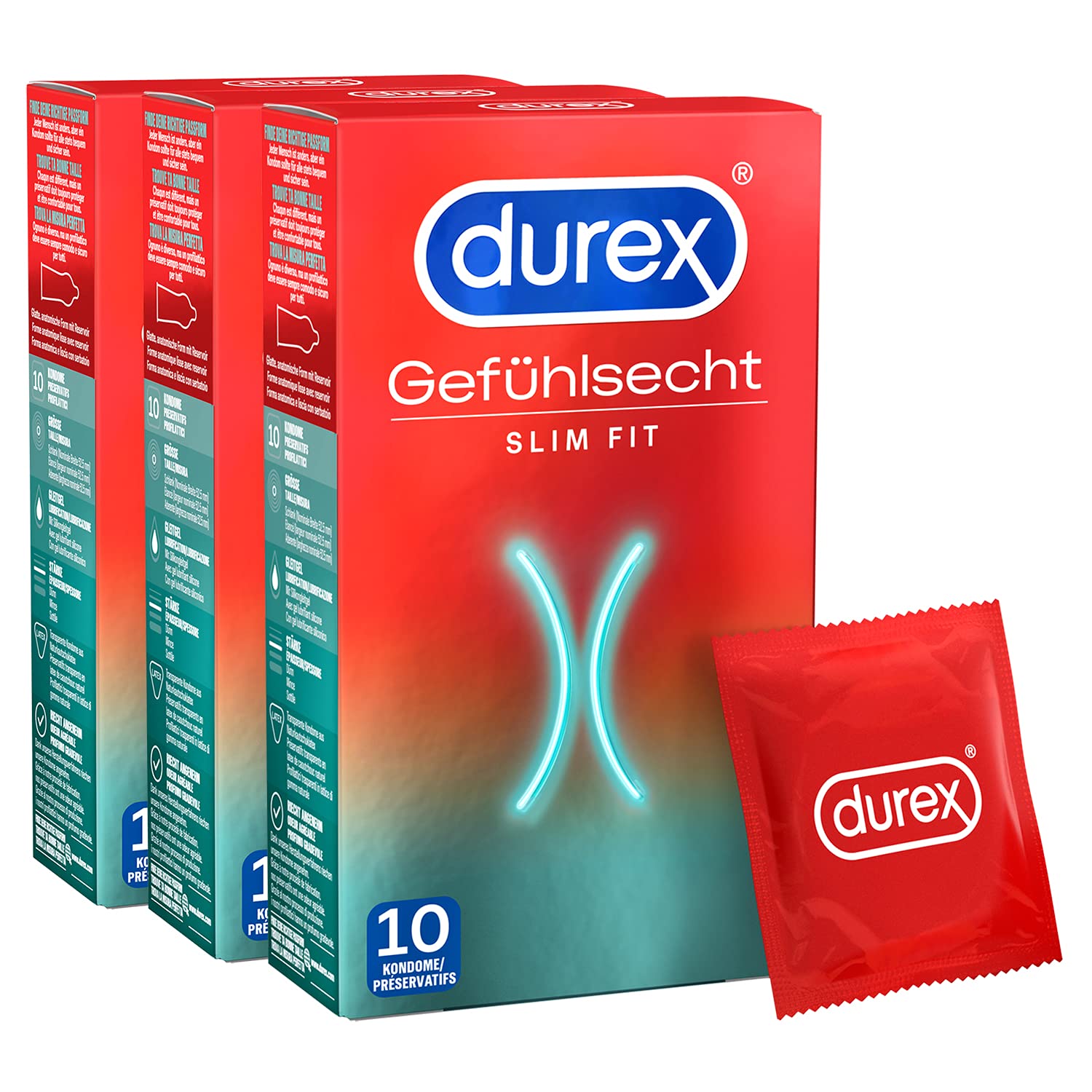 Durex Gefühlsecht Slim Kondome - Angenehmer Geruch, perfekten Sitz und leichtes Abrolle – Schmale Kondome mit Easy-On-Form, befeuchtet & transparent – 30er Pack (3 x 10 Stück)