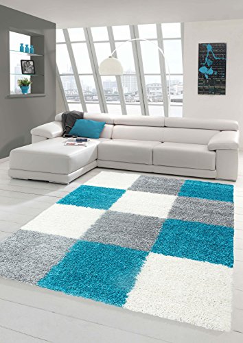 Shaggy Teppich Hochflor Langflor Teppich Wohnzimmer Teppich Gemustert in Karo Design Türkis Grau Cream Größe 80x150 cm