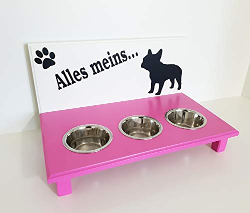 Jennys Tiershop Hundebar. Französische Bulldogge Hundenapf. (gerne Ihre Rasse) Napf Hund. Futterbar Hunde in weiß/pink, 3 x 750 ml. (k07)