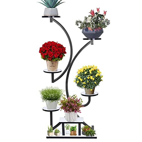REAWOW Pflanzenregal Blumentreppe mit 7 Ablagen Pflanzenständer Mehrstöckig Blumenregal für Balkon Wohnzimmer Zimmerecke innen Metall MDF Schwarz