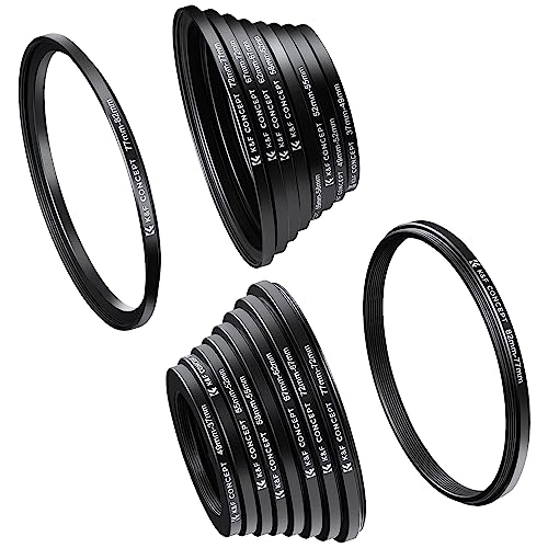 K&F Concept® 18 teiliges Filteradapter Set Kamera Objektiv Filter Metall Step Up Ringe 9er Step Down Ringe Set für Canon Nikon Sony Sigma Tamron Schwarz