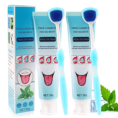 Tongue Cleaner Set, Tongue Coating Cleaning Gel and Brush, Oral Care Removes Oral Odor Fresh Breath Tongue Coating Cleaning Bad Breath Treatment for Adults (2 set)