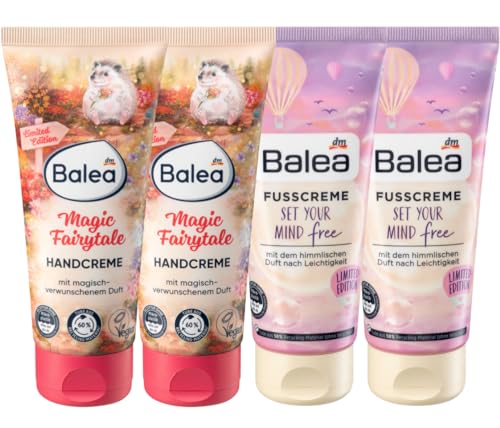 Balea 4er-Set Hautpflege: Handcreme MAGIC FAIRYTALE aromatisch, blumig, fruchtig für trockene & strapazierte Hände (2 x 100 ml) + Handpflege SET YOUR MIND FREE extra Feuchtigkeit (2 x 100 ml), 400 ml