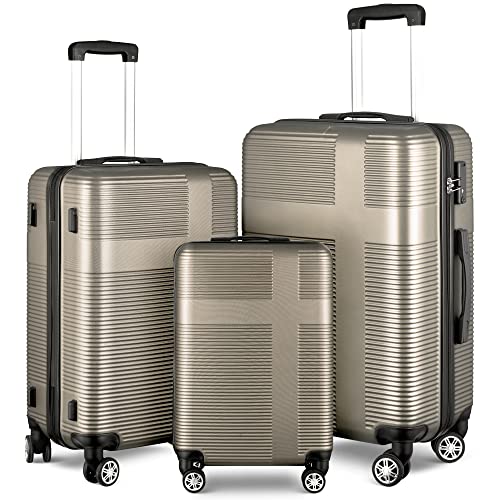 SPOFLYINN 3-teiliges Gepäck-Set mit TSA-Schloss, strapazierfähiges, leichtes Kreuzstreifen-Koffer, Hartschalen-Gepäck-Set mit Haken und 360-Grad-Drehrädern (50,8 cm/61 cm/71,1 cm), Champagner wie