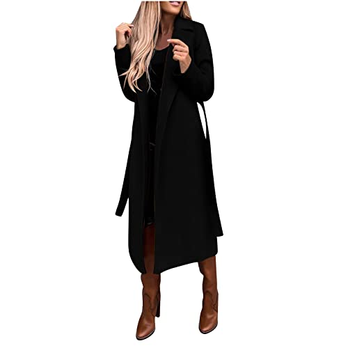 Dyhxuan Langer Trenchcoat mit Gürtel Damen Mantel Eleganter Windbreaker Frühlingsjacke Winterjacke Umlegekragen übergangsjacke Klassische Winddichter Wollmantel Lang Warm Bomberjacke Windjacke