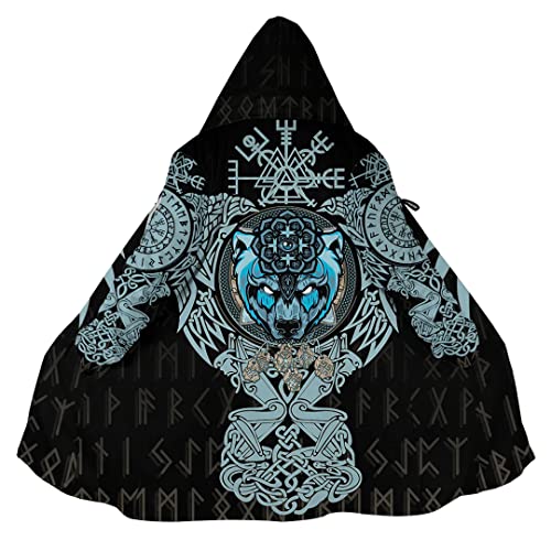 JHBTFQ Wikinger Kapuzenumhang für Herren, Nordischer Kaschmir Mantel Winter Warm 3D Printed Cosplay Jacke Bademantel,Fenrir,XL