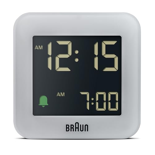Digitaler Braun-Reisewecker in kompakter Größe mit Schlummerfunktion, negativem LCD-Display, Schnelleinstellung und anschwellendem Alarm-Piepton in Grau, Modell BC08G.