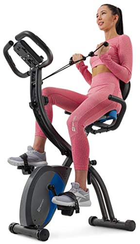 Hop-Sport 3-in-1 Fitness Heimtrainer klappbar HS-3010x Grix - Fitnessfahrrad mit Rückenlehne, Widerstandsbändern - Homterainer Fahrrad mit LCD-Display (Schwarz/Blau)