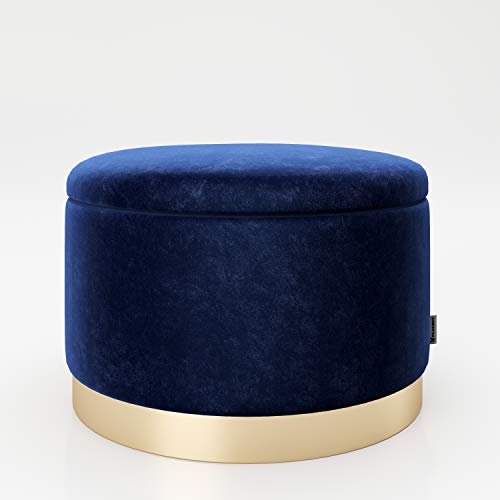 PLAYBOY runder Pouf mit Stauraum aus Samtstoff in Blau und goldenem Metallfuss, gepolsteter Sitzhocker mit Samtbezug, Sitz-und Aufbewahrungsbox aus Samt, Hocker, Retro-Design, Club-Stil