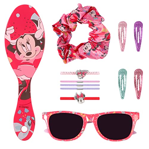 Disney Minnie Mouse 12-teiliges Sonnenbrillen-Set für Mädchen und Kinder, Haar-Accessoires, Kamm-Clips, Beauty-Set mit Tragetasche
